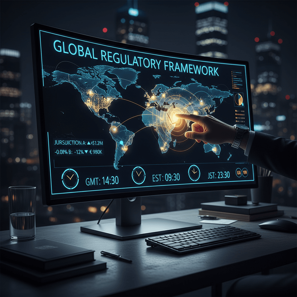 Interfaz global de agente cognitivo mostrando múltiples jurisdicciones