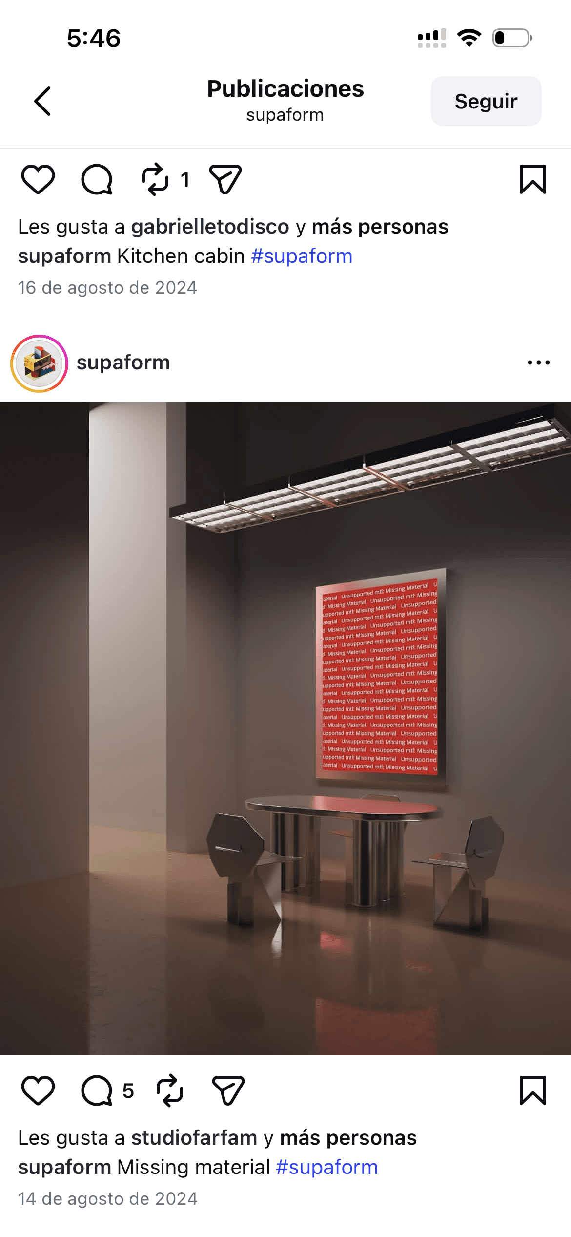Mesa y sillas metálicas en un interior minimalista con un cuadro naranja de Missing Material.